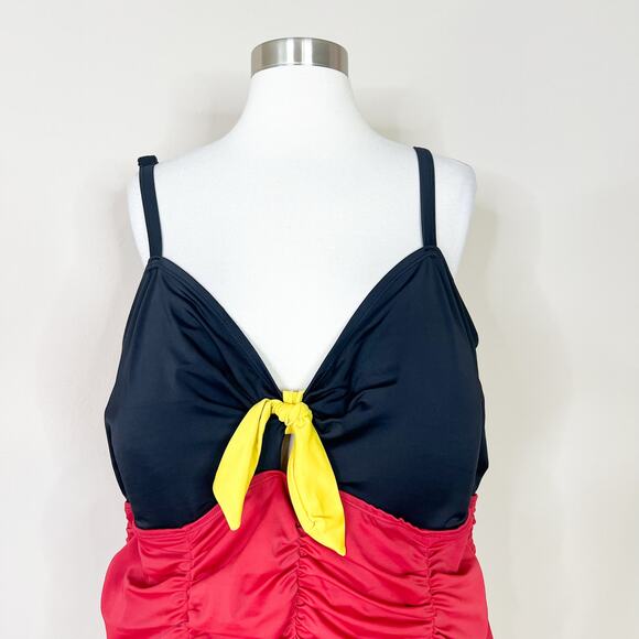 Torrid | Disney Mickey Mouse Red Black Ruched Shorts Style One Piece Swimsuit - Picture 3 of 14